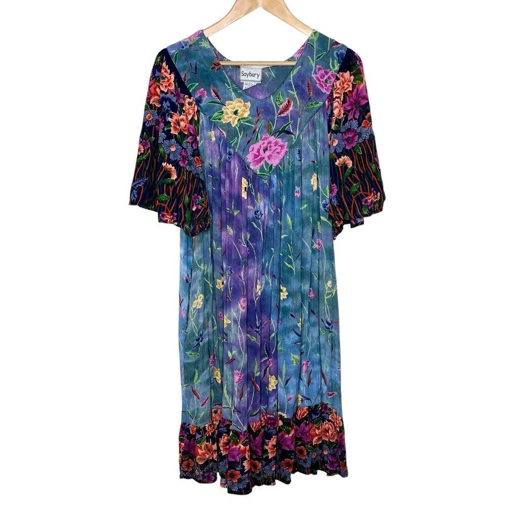 Vintage Floral Print Midi Dress Womens M Mumu Colorful Peasant Artsy Crinkle